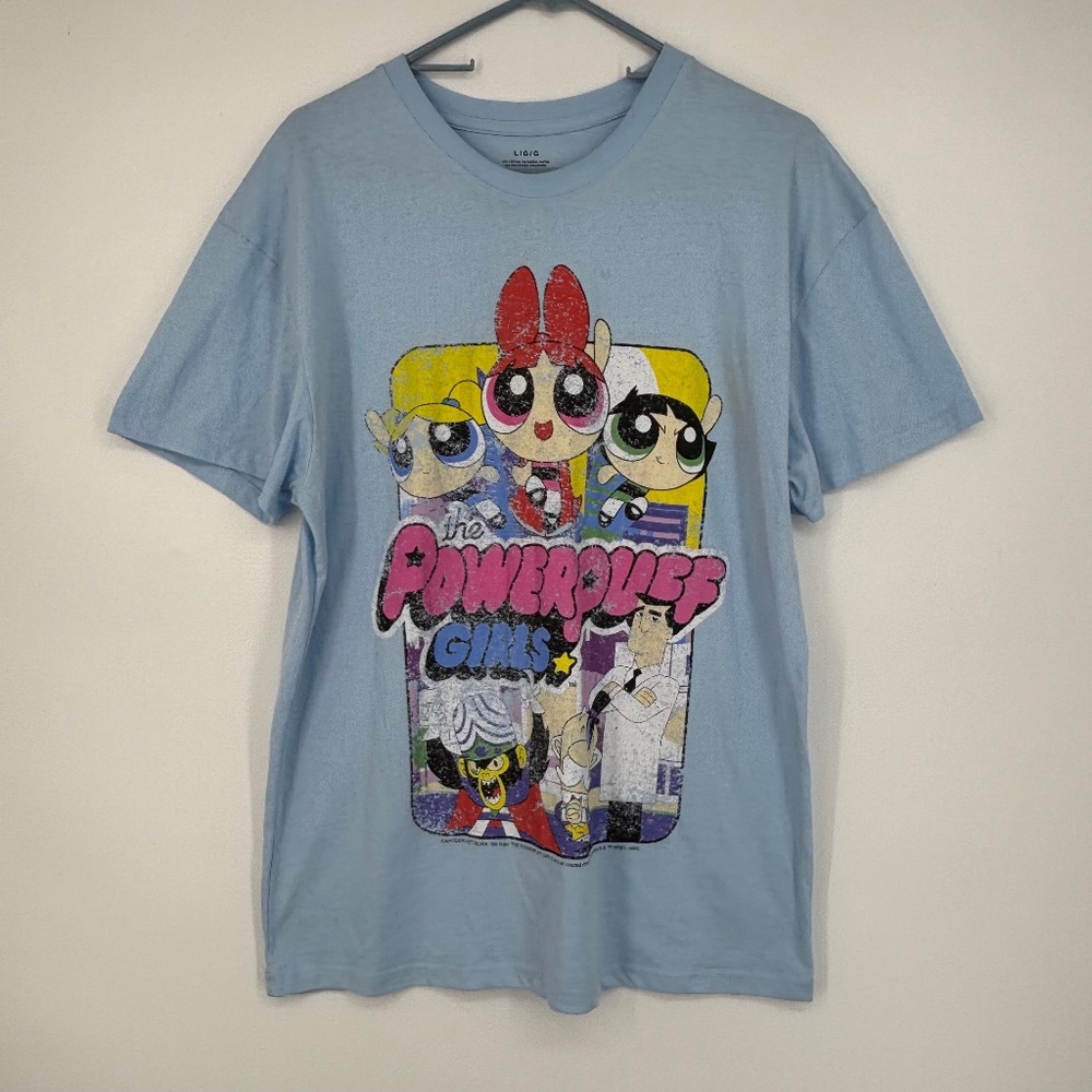 Mad Engine Adult Large Graphic T-Shirt Light Blue Powerpuff Girls Cotton Poly SS